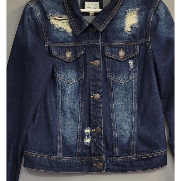 Wax Jean Jacket Womens Medium Distressed Denim Button Up Trucker Vintage Style - Picture 4 of 12